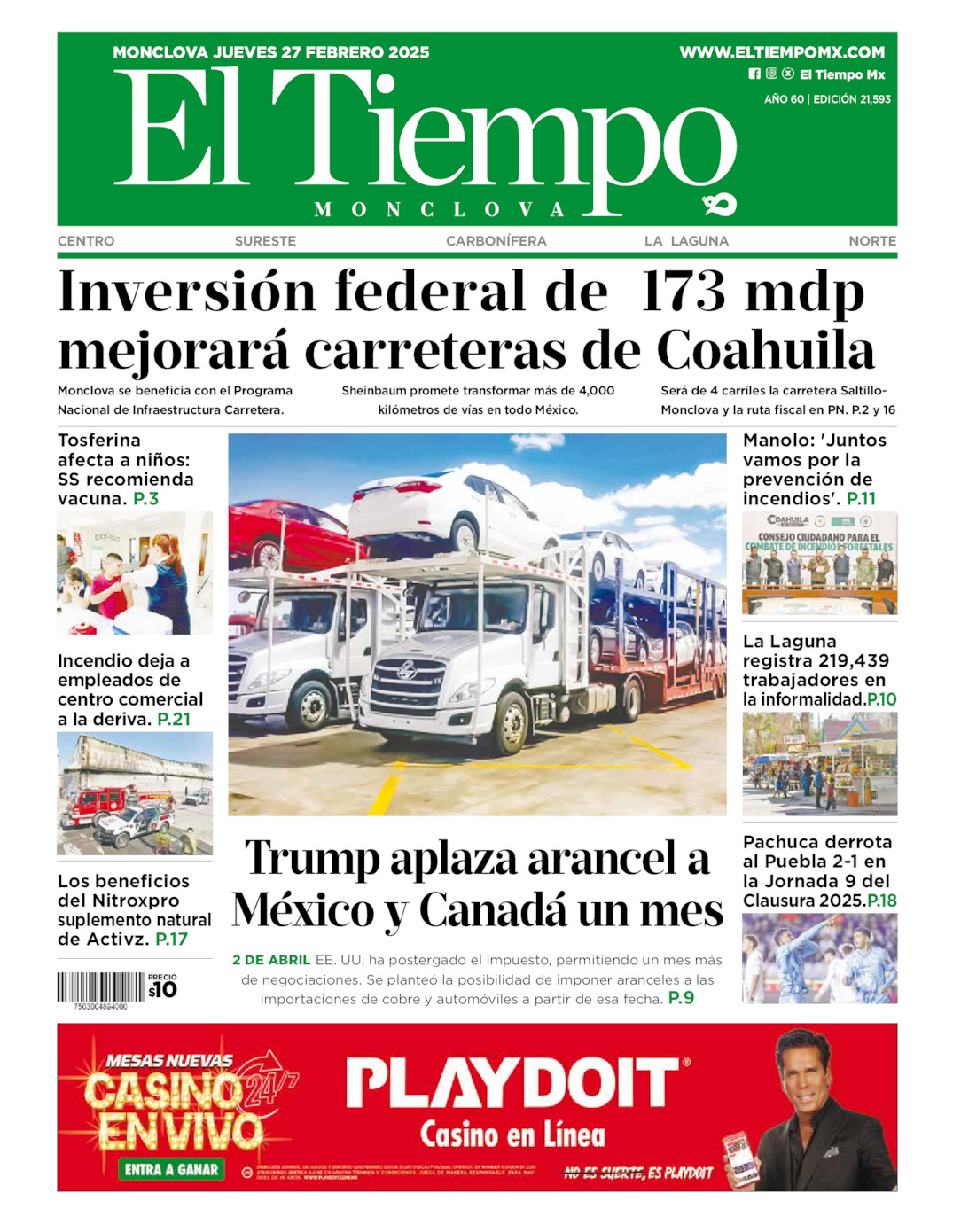 Edición impresa: Portada del jueves 27 de febrero de 2025, El Tiempo de <strong>Monclova</strong>