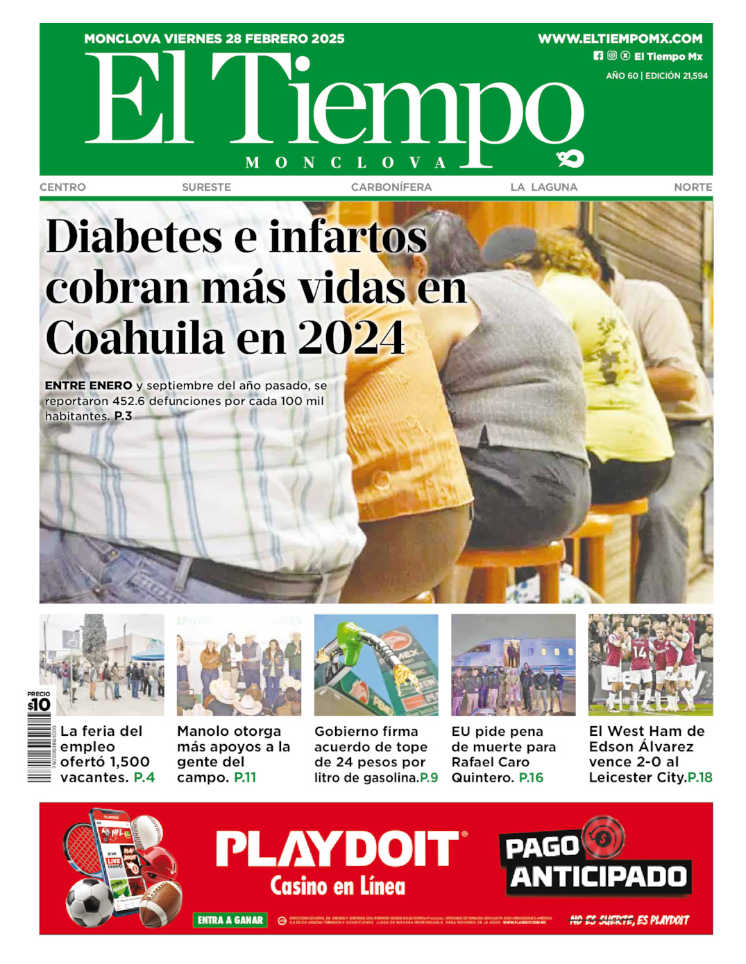 Edición impresa: Portada del viernes 28 de febrero de 2025, El Tiempo de <strong>Monclova</strong>