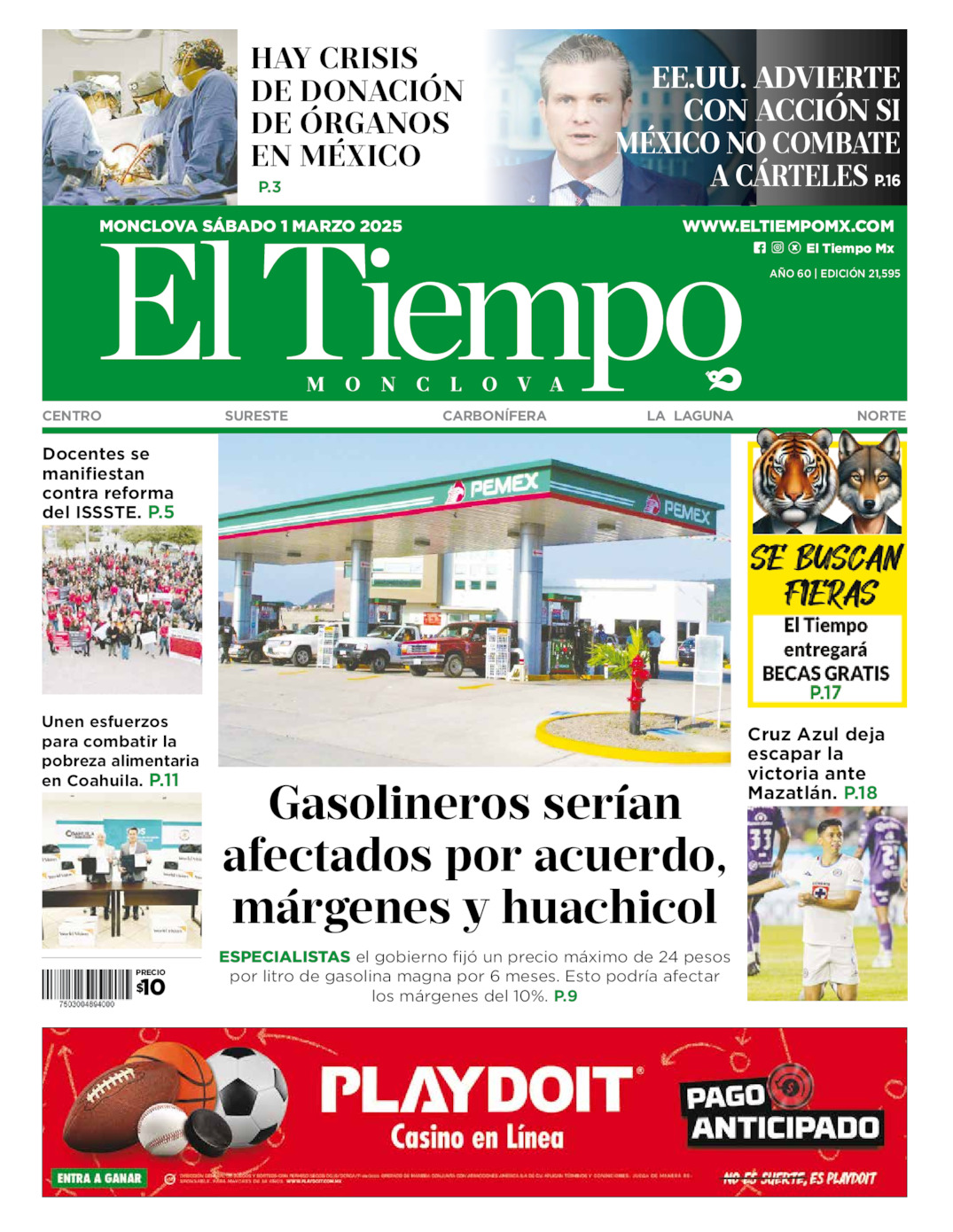 Edición impresa: Portada del sábado 01 de marzo de 2025, El Tiempo de <strong>Monclova</strong>