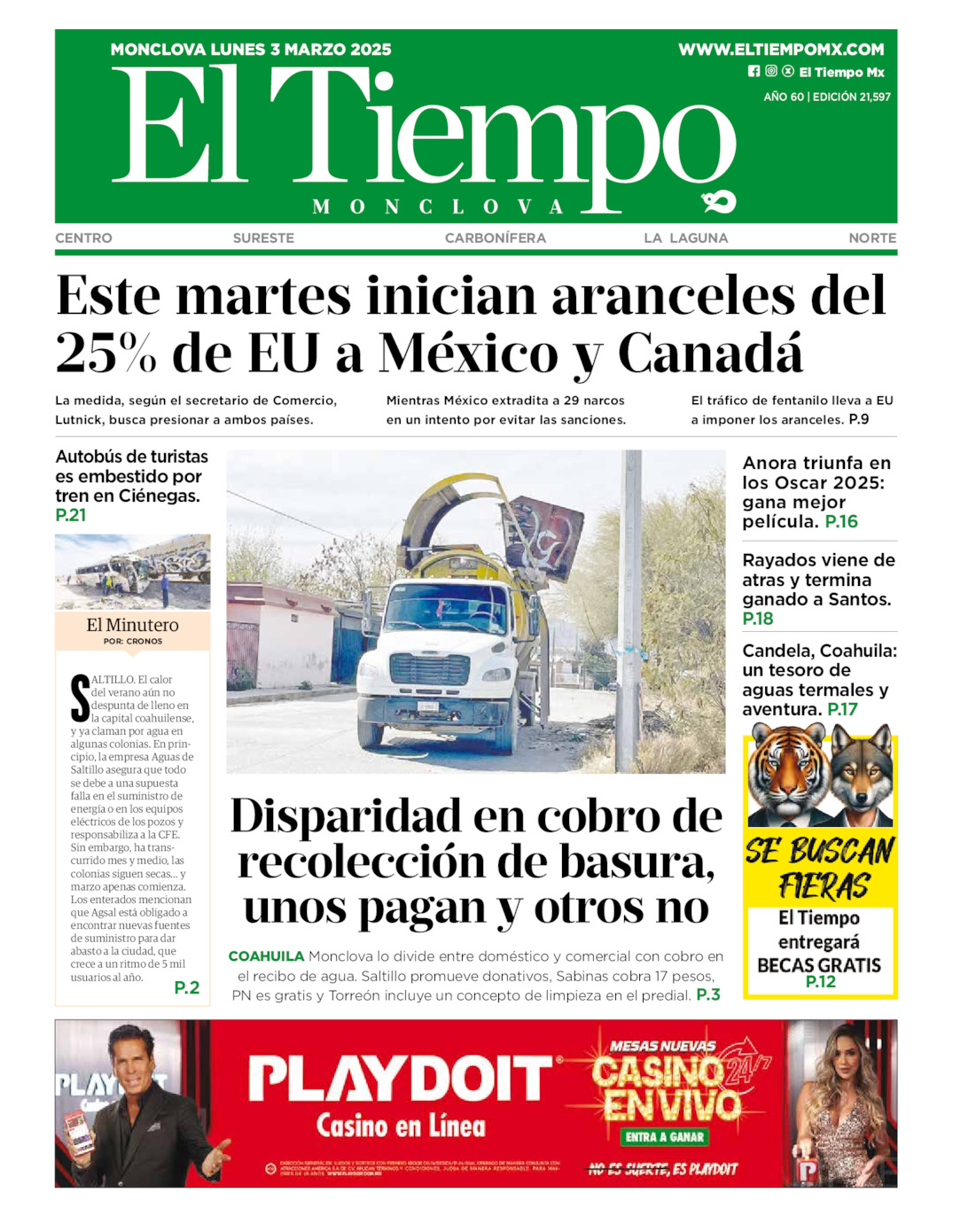 Edición impresa: Portada del lunes 03 de marzo de 2025, El Tiempo de <strong>Monclova</strong>