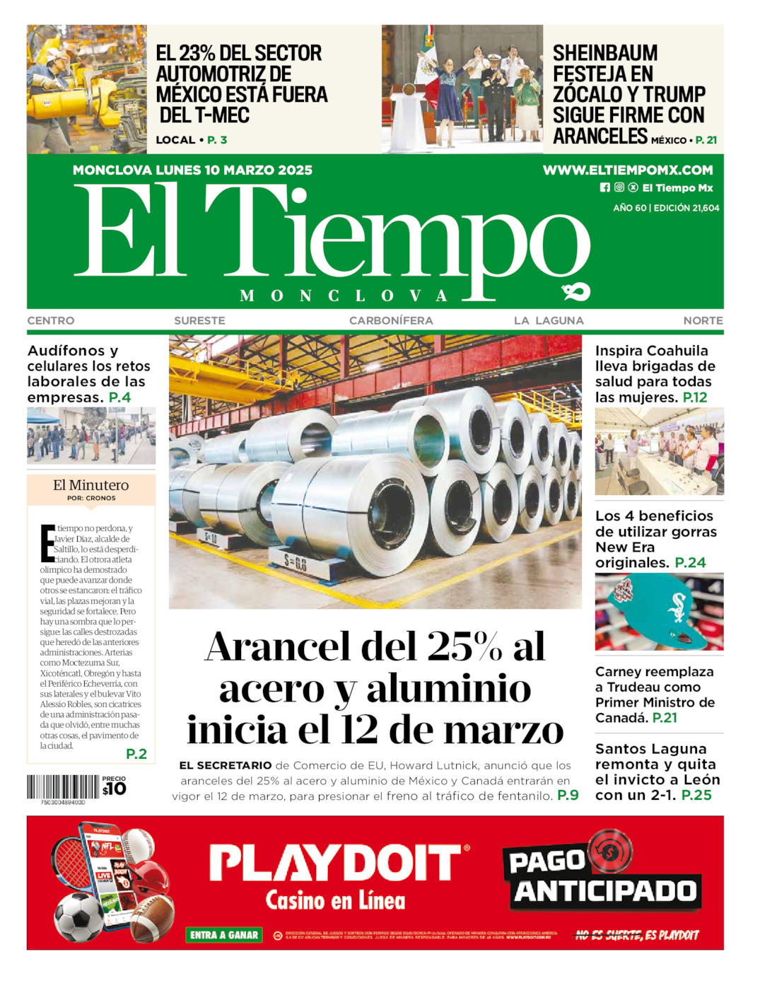 Edición impresa: Portada del lunes 10 de marzo de 2025, El Tiempo de <strong>Monclova</strong>