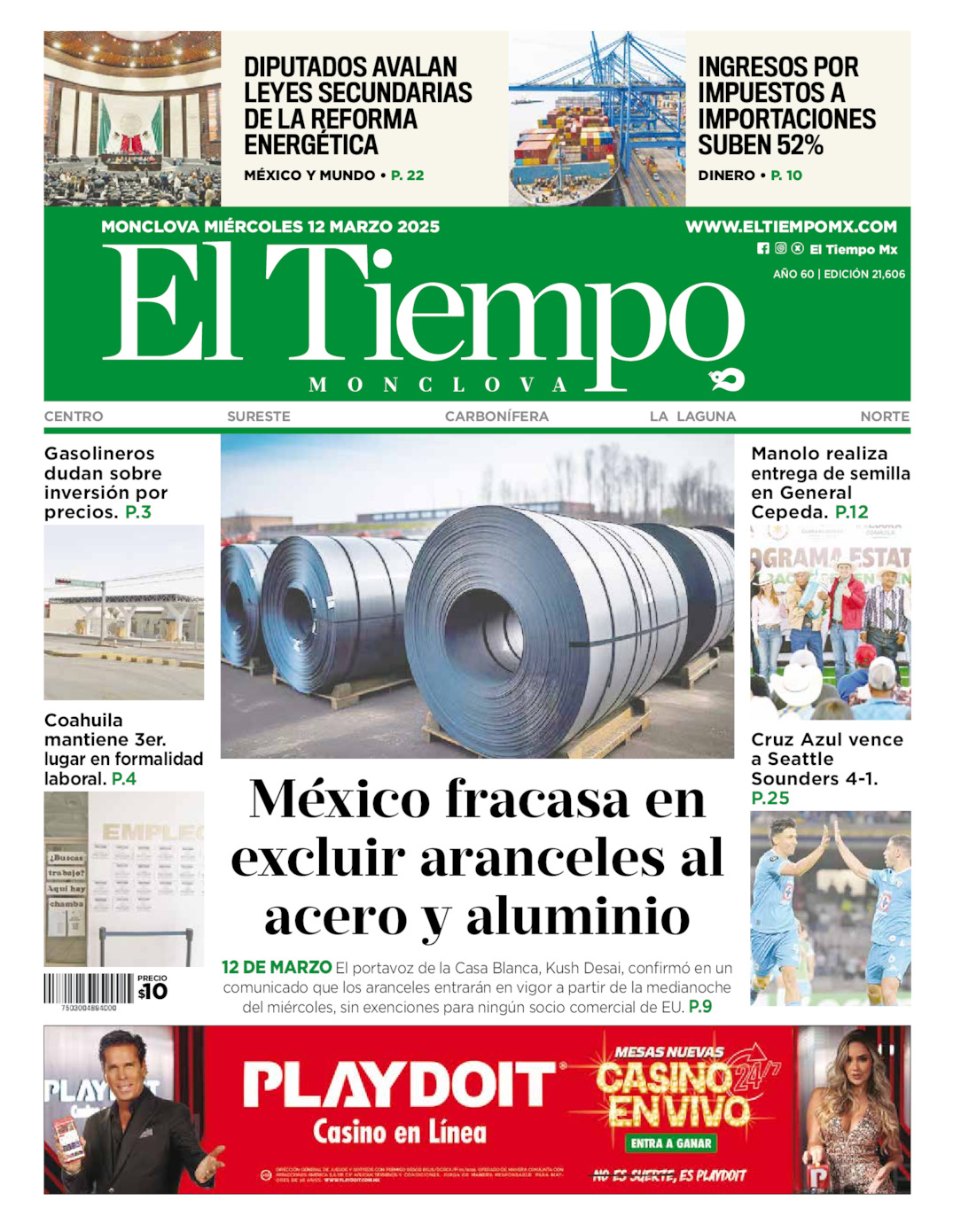 Edición impresa: Portada del miércoles 12 de marzo de 2025, El Tiempo de <strong>Monclova</strong>