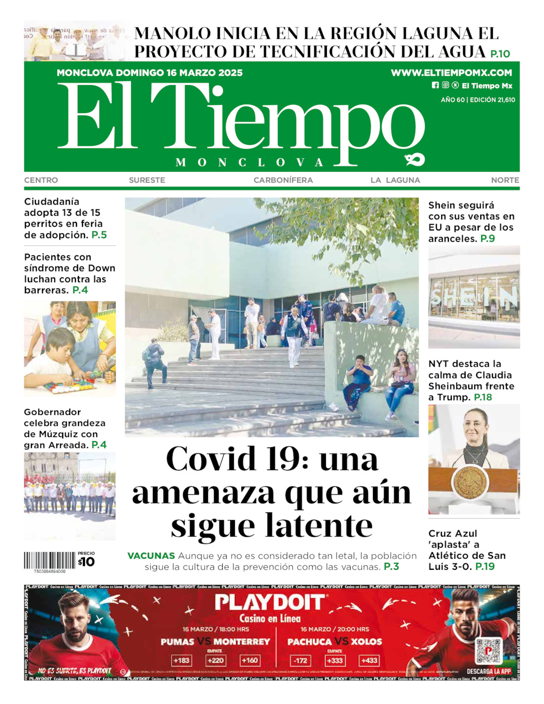 Edición impresa: Portada del domingo 16 de marzo de 2025, El Tiempo de <strong>Monclova</strong>