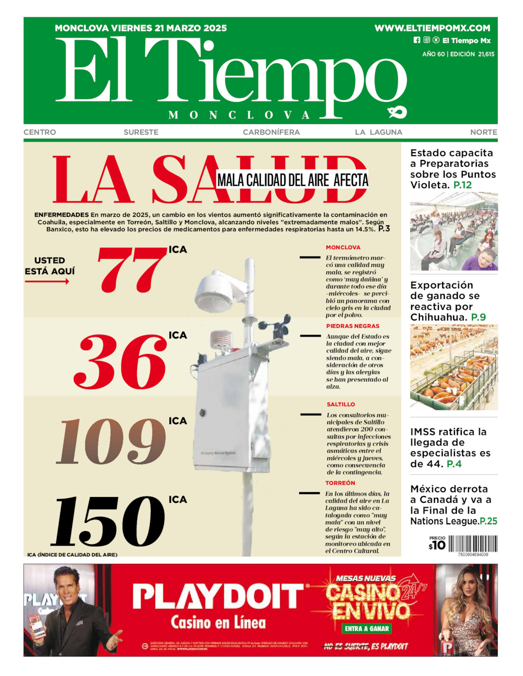 Edición impresa: Portada del viernes 21 de marzo de 2025, El Tiempo de <strong>Monclova</strong>