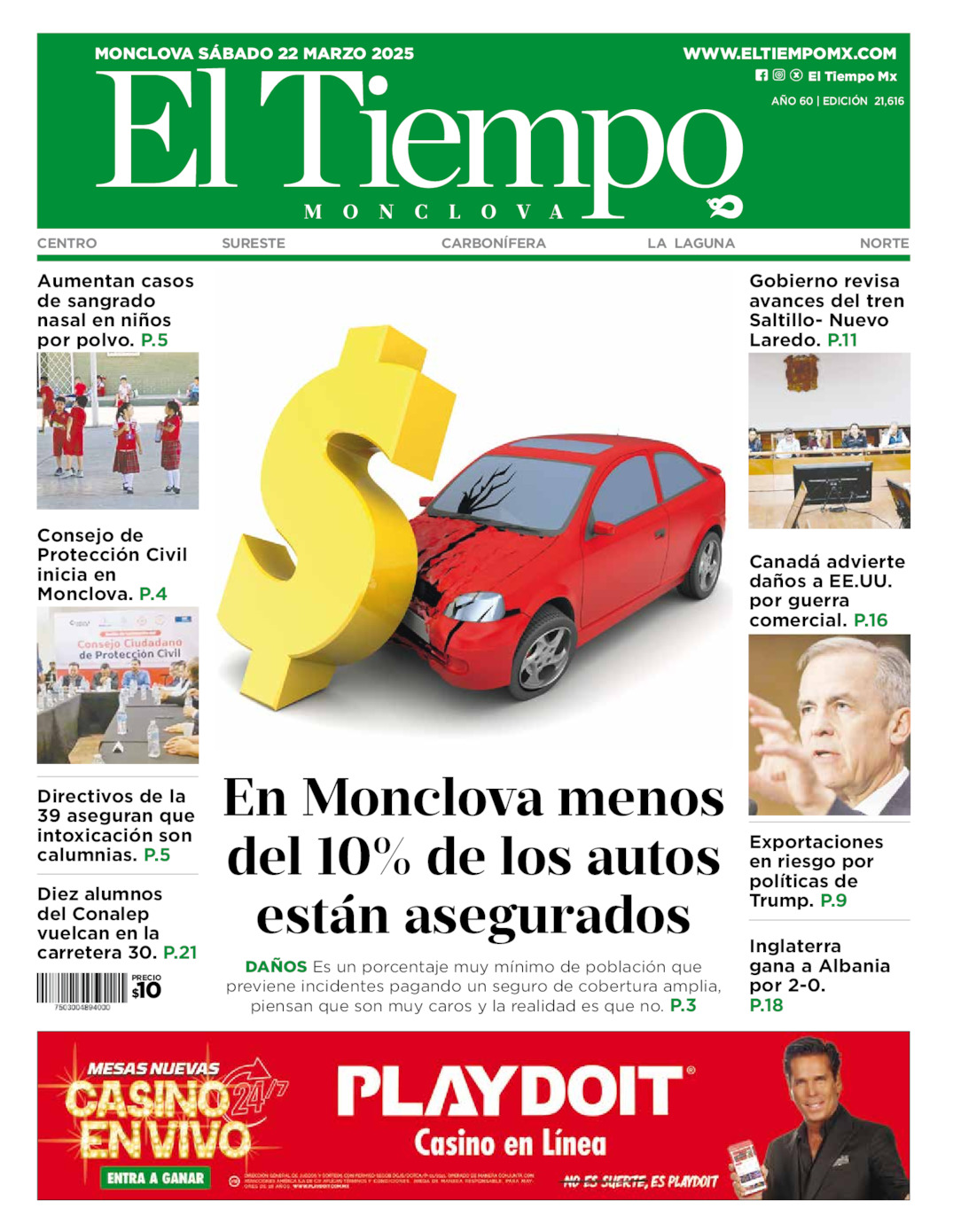 Edición impresa: Portada del sábado 22 de marzo de 2025, El Tiempo de <strong>Monclova</strong>