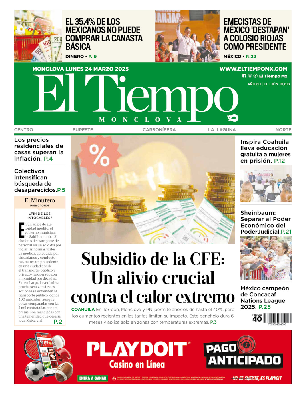 Edición impresa: Portada del lunes 24 de marzo de 2025, El Tiempo de <strong>Monclova</strong>