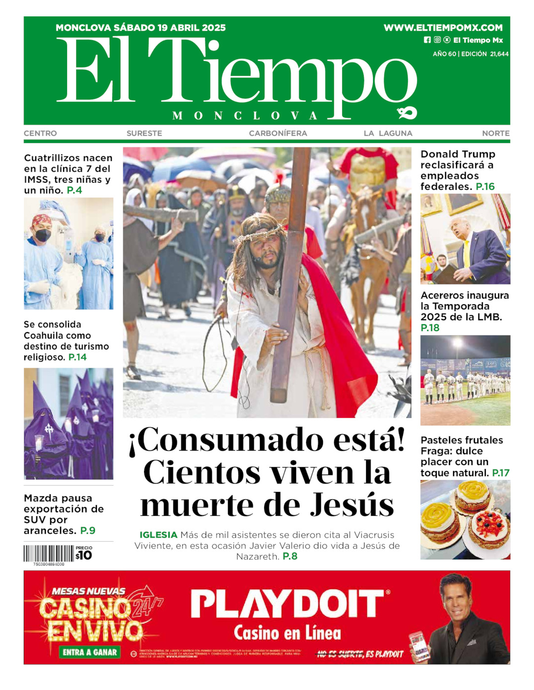 Edición impresa: Portada del sábado 19 de abril de 2025, El Tiempo de <strong>Monclova</strong>
