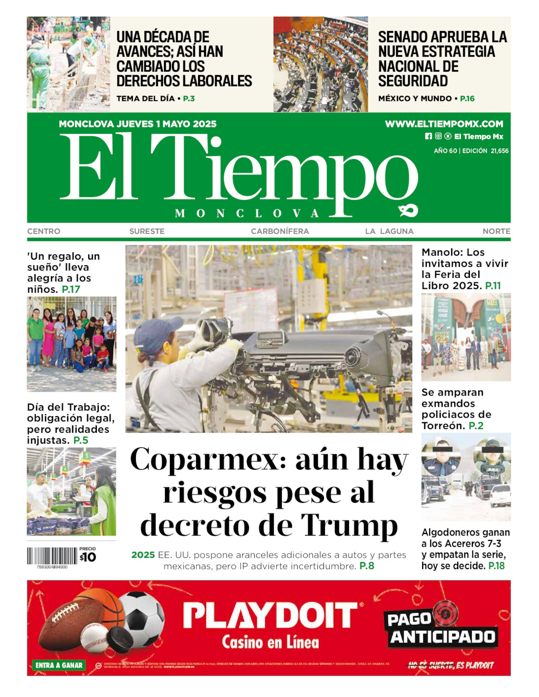 Edición impresa: Portada del jueves 01 de mayo de 2025, El Tiempo de <strong>Monclova</strong>