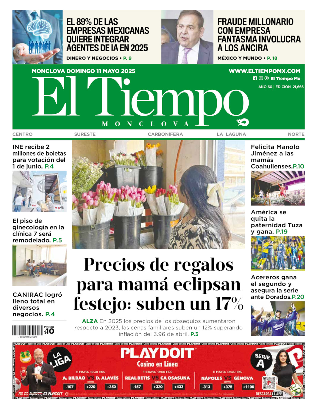 Edición impresa: Portada del domingo 11 de mayo de 2025, El Tiempo de <strong>Monclova</strong>