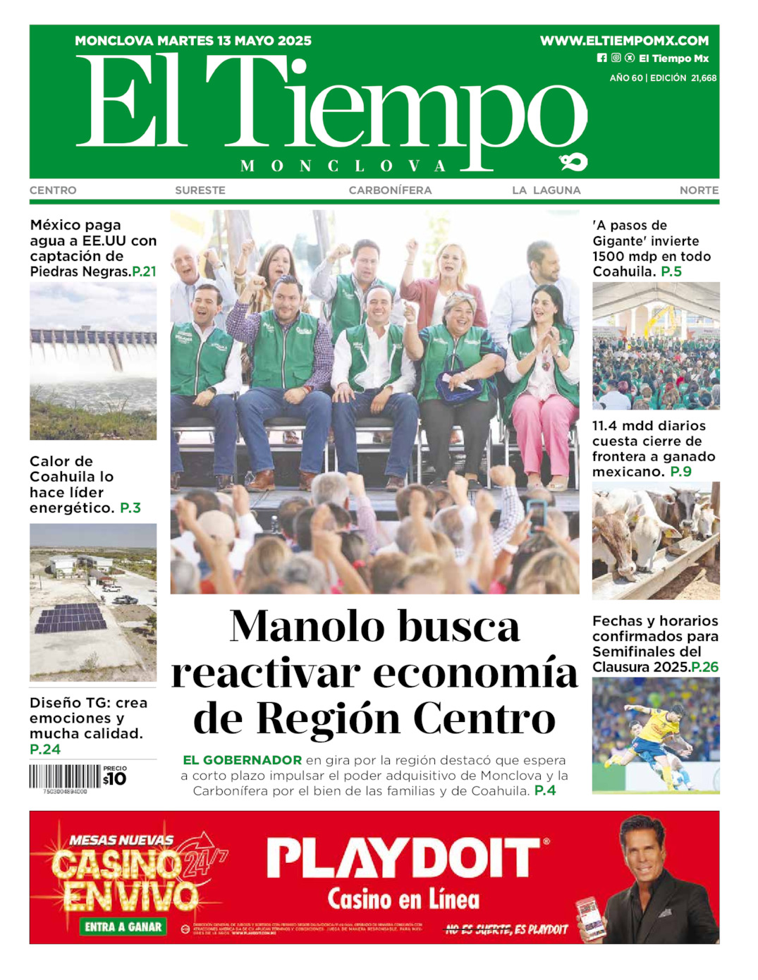 Edición impresa: Portada del martes 13 de mayo de 2025, El Tiempo de <strong>Monclova</strong>