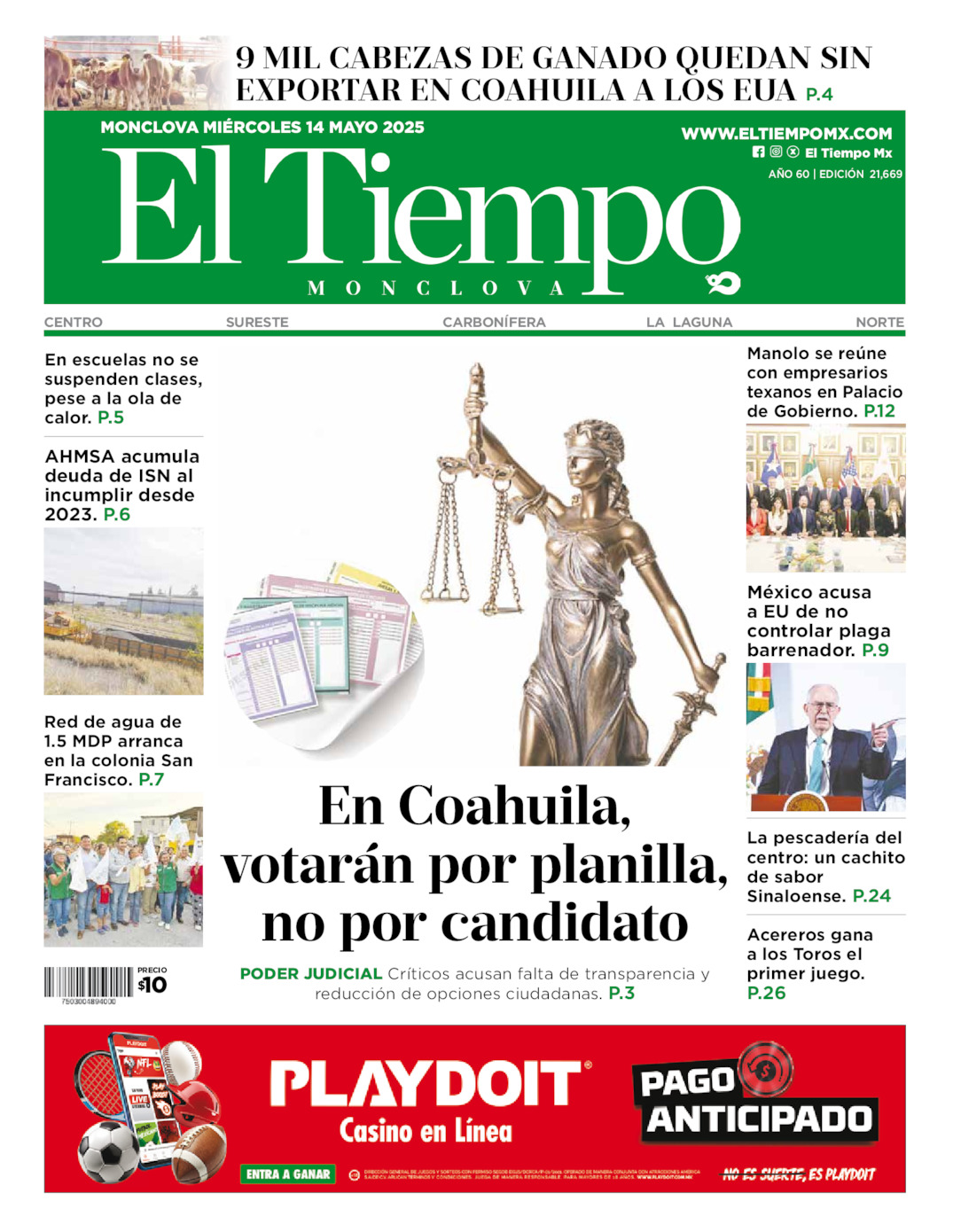 Edición impresa: Portada del miércoles 14 de mayo de 2025, El Tiempo de <strong>Monclova</strong>