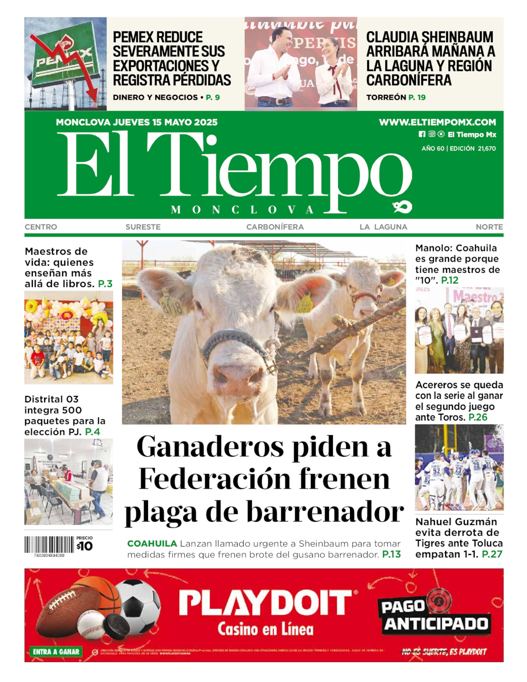 Edición impresa: Portada del jueves 15 de mayo de 2025, El Tiempo de <strong>Monclova</strong>