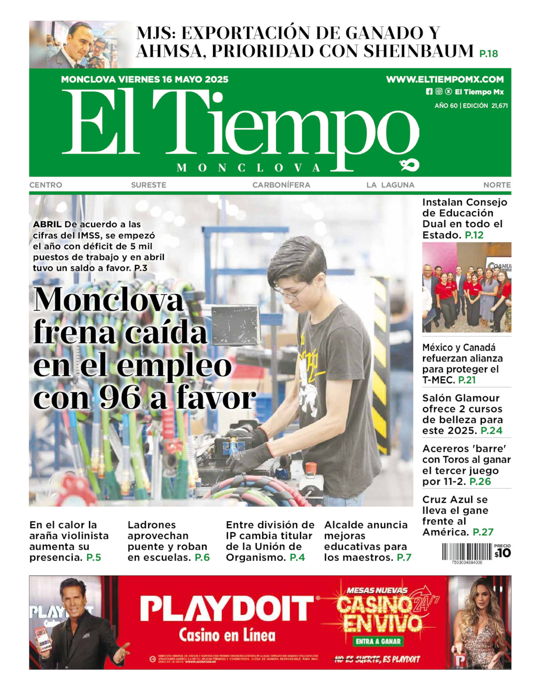 Edición impresa: Portada del viernes 16 de mayo de 2025, El Tiempo de <strong>Monclova</strong>