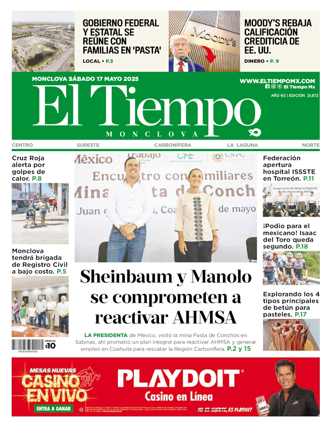Edición impresa: Portada del sábado 17 de mayo de 2025, El Tiempo de <strong>Monclova</strong>