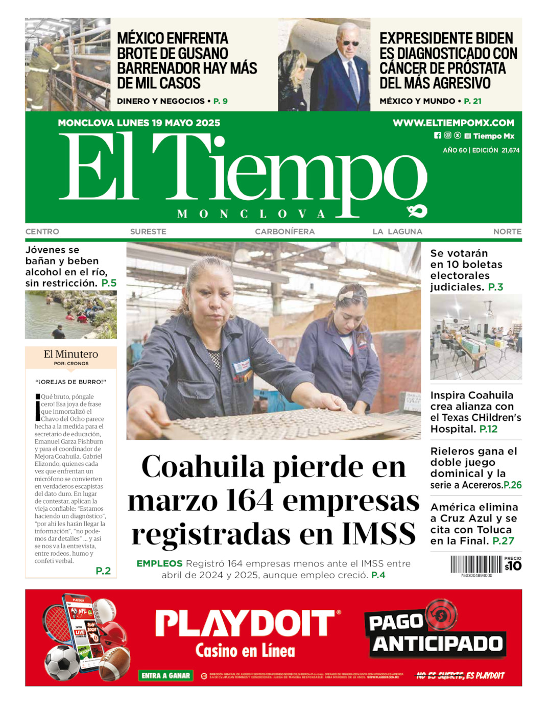 Edición impresa: Portada del lunes 19 de mayo de 2025, El Tiempo de <strong>Monclova</strong>