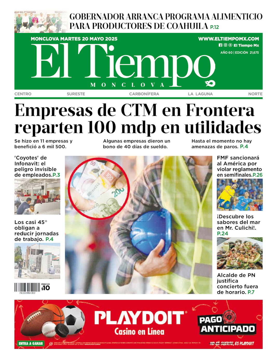 Edición impresa: Portada del martes 20 de mayo de 2025, El Tiempo de <strong>Monclova</strong>