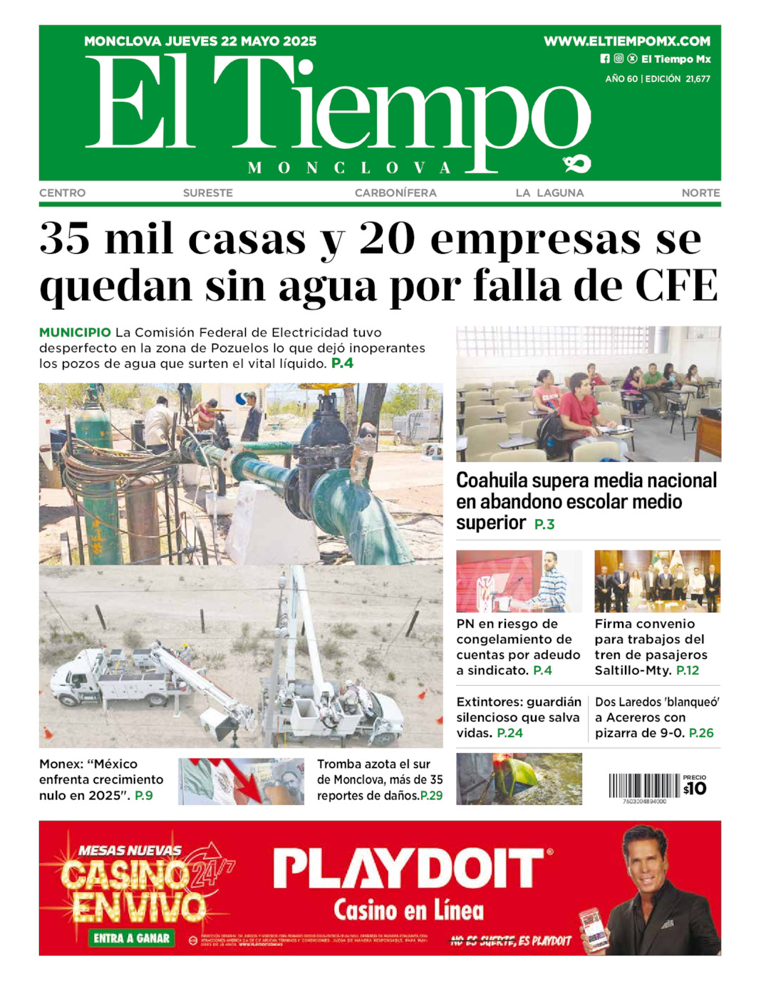Edición impresa: Portada del jueves 22 de mayo de 2025, El Tiempo de <strong>Monclova</strong>