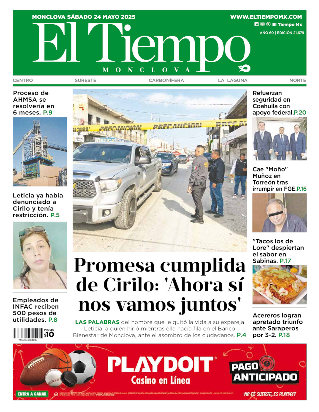 Edición impresa: Portada del sábado 24 de mayo de 2025, El Tiempo de <strong>Monclova</strong>