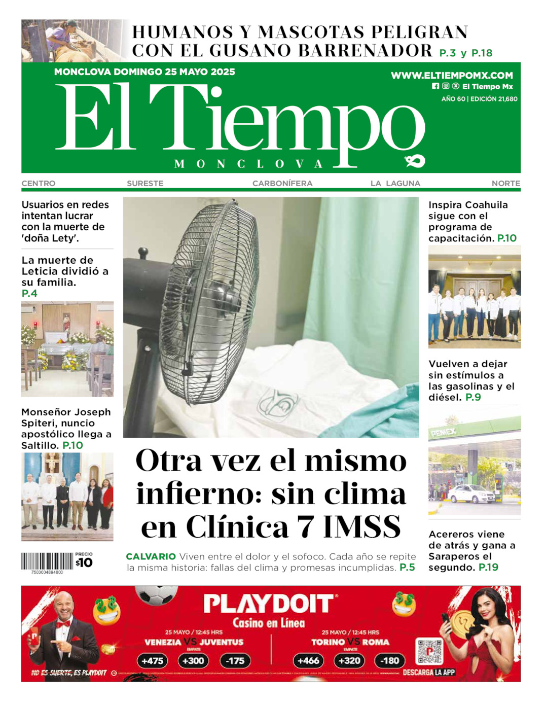 Edición impresa: Portada del domingo 25 de mayo de 2025, El Tiempo de <strong>Monclova</strong>