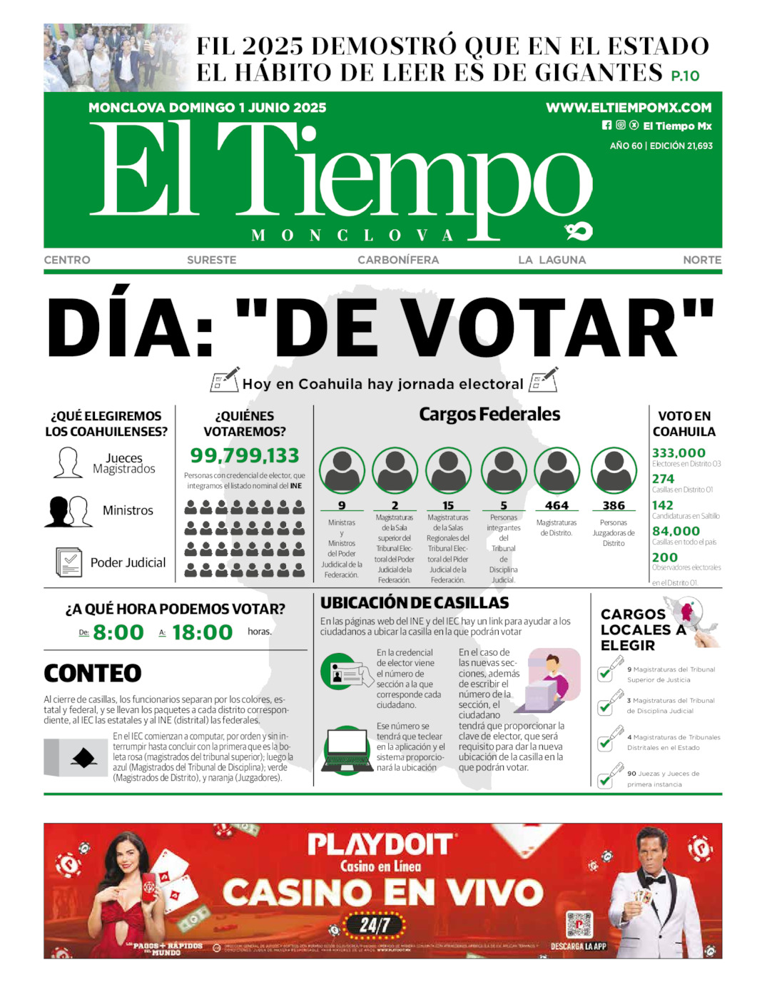 Edición impresa: Portada del domingo 01 de junio de 2025, El Tiempo de <strong>Monclova</strong>