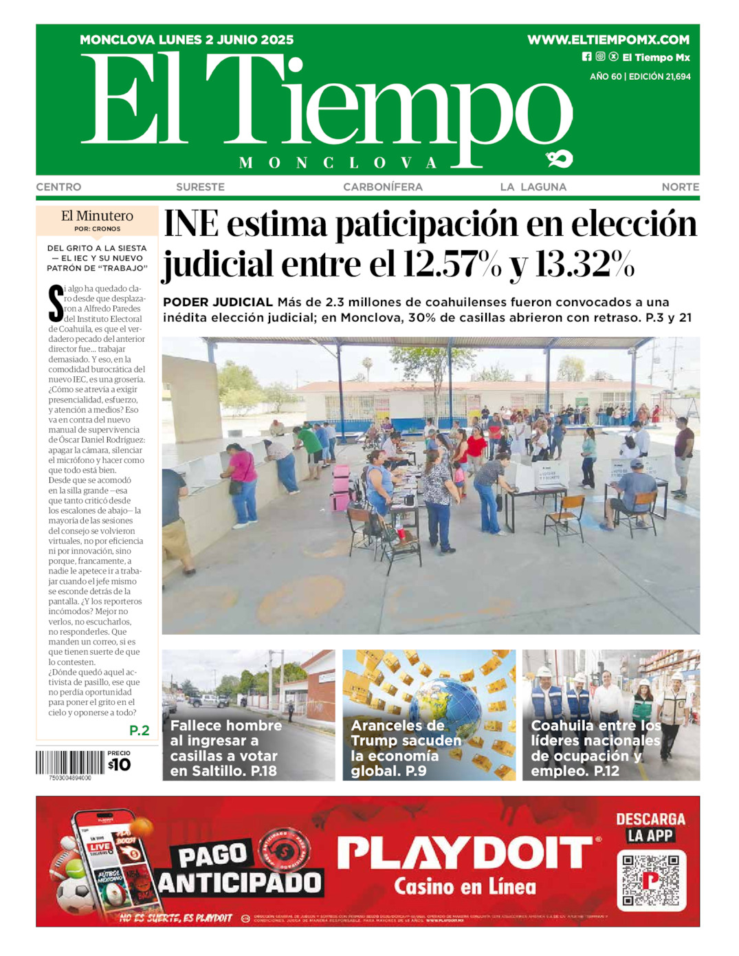 Edición impresa: Portada del lunes 02 de junio de 2025, El Tiempo de <strong>Monclova</strong>