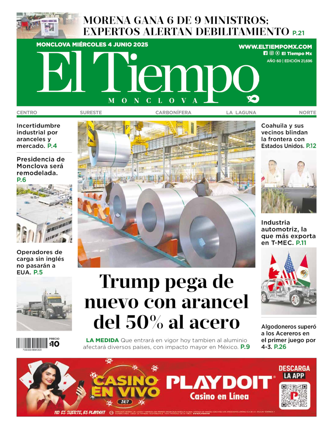 Edición impresa: Portada del miércoles 04 de junio de 2025, El Tiempo de <strong>Monclova</strong>