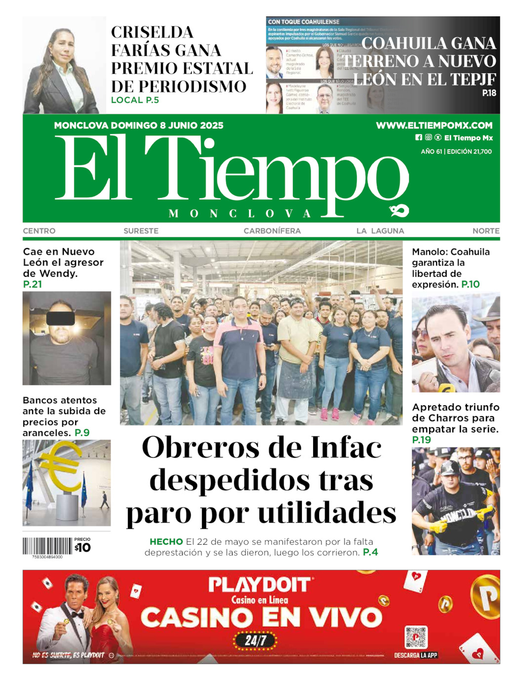 Edición impresa: Portada del domingo 08 de junio de 2025, El Tiempo de <strong>Monclova</strong>