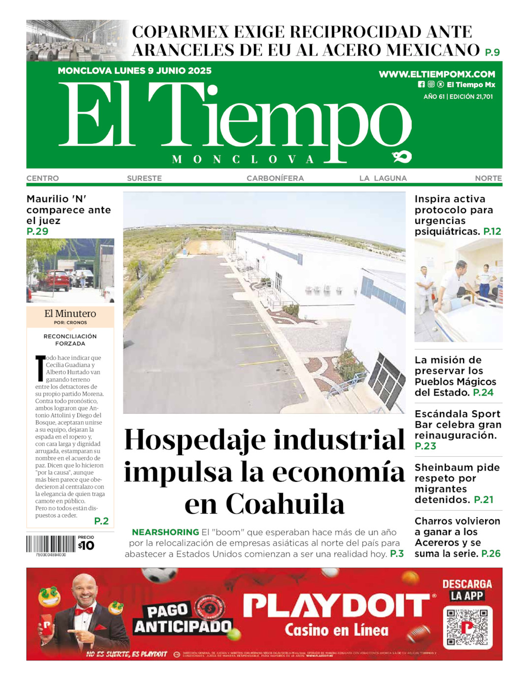 Edición impresa: Portada del lunes 09 de junio de 2025, El Tiempo de <strong>Monclova</strong>