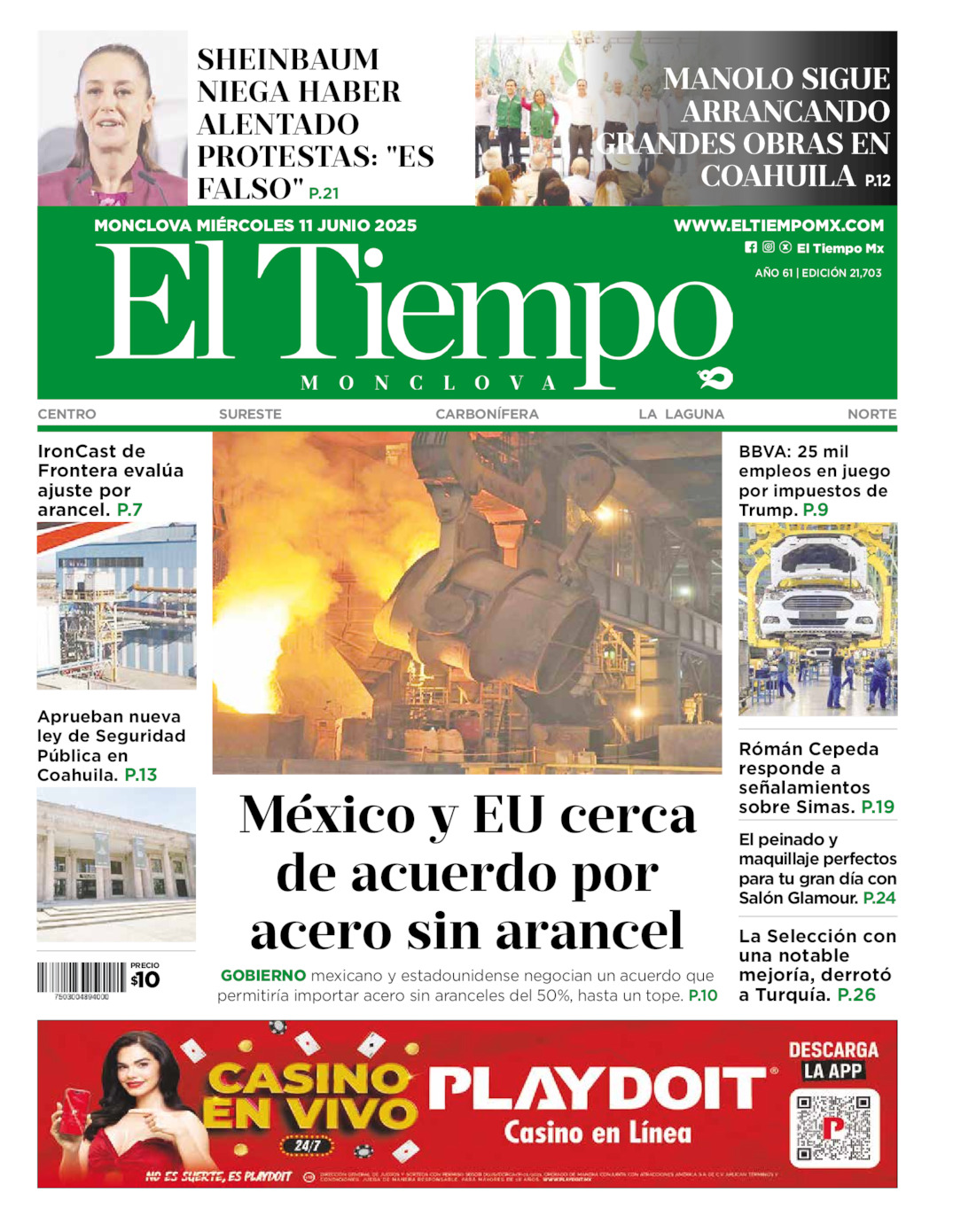Edición impresa: Portada del miércoles 11 de junio de 2025, El Tiempo de <strong>Monclova</strong>