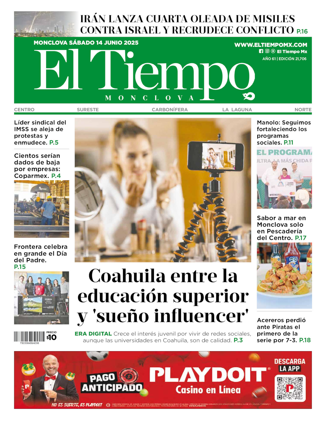 Edición impresa: Portada del sábado 14 de junio de 2025, El Tiempo de <strong>Monclova</strong>