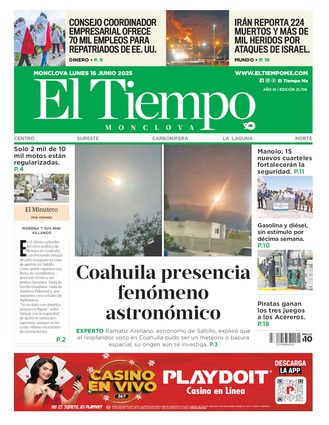 Edición impresa: Portada del lunes 16 de junio de 2025, El Tiempo de <strong>Monclova</strong>
