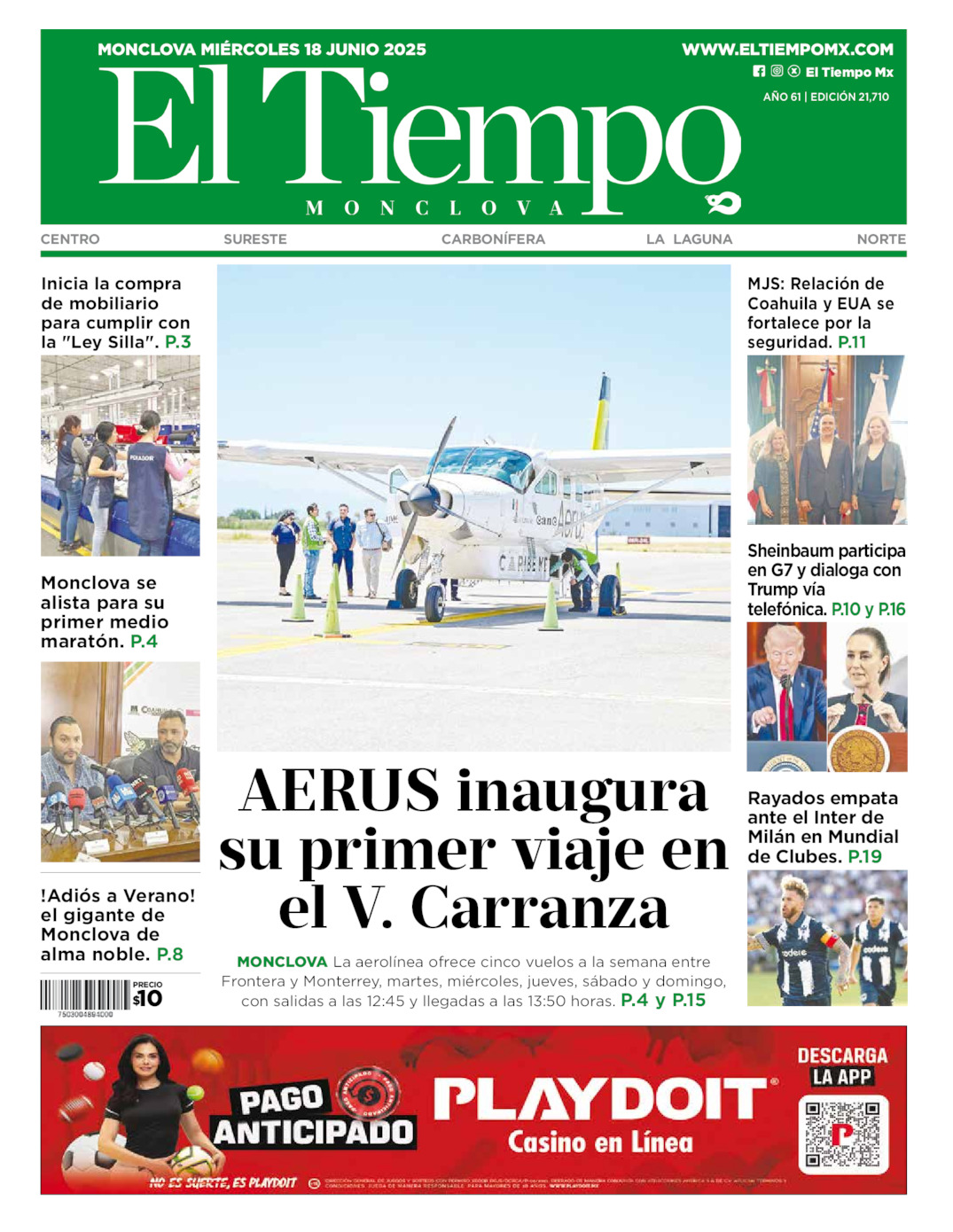 Edición impresa: Portada del miércoles 18 de junio de 2025, El Tiempo de <strong>Monclova</strong>