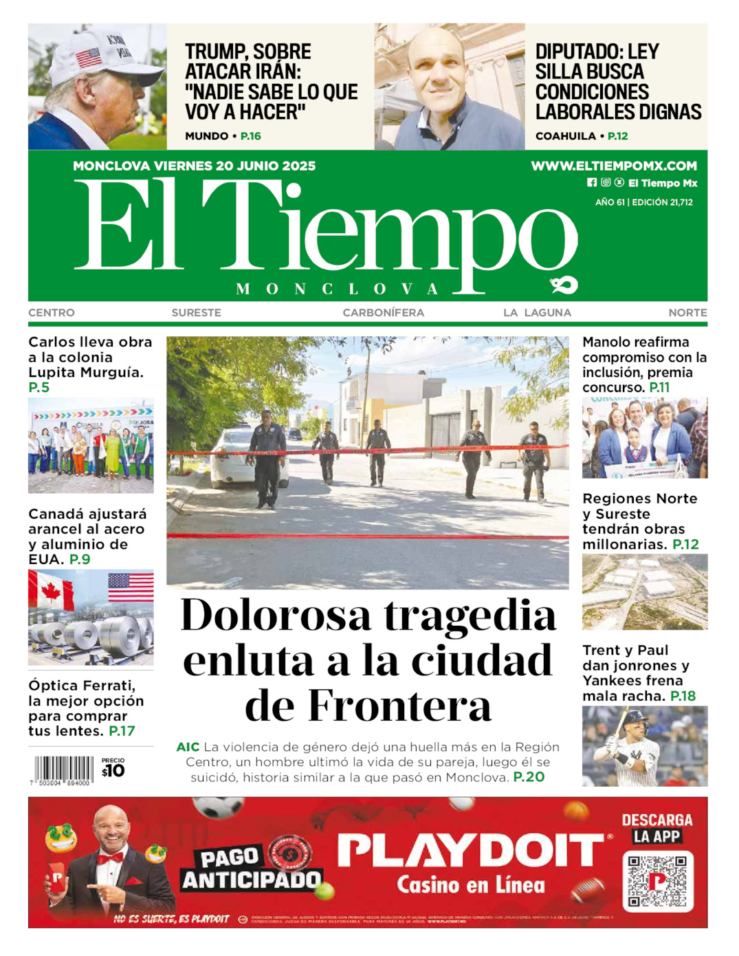 Edición impresa: Portada del viernes 20 de junio de 2025, El Tiempo de <strong>Monclova</strong>