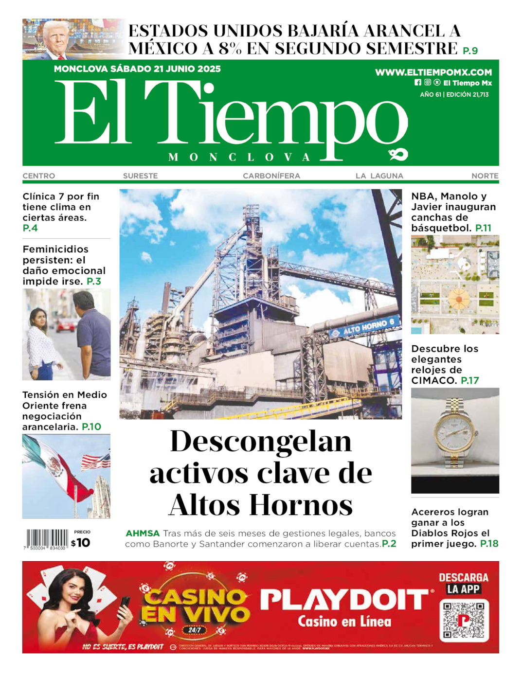 Edición impresa: Portada del sábado 21 de junio de 2025, El Tiempo de <strong>Monclova</strong>