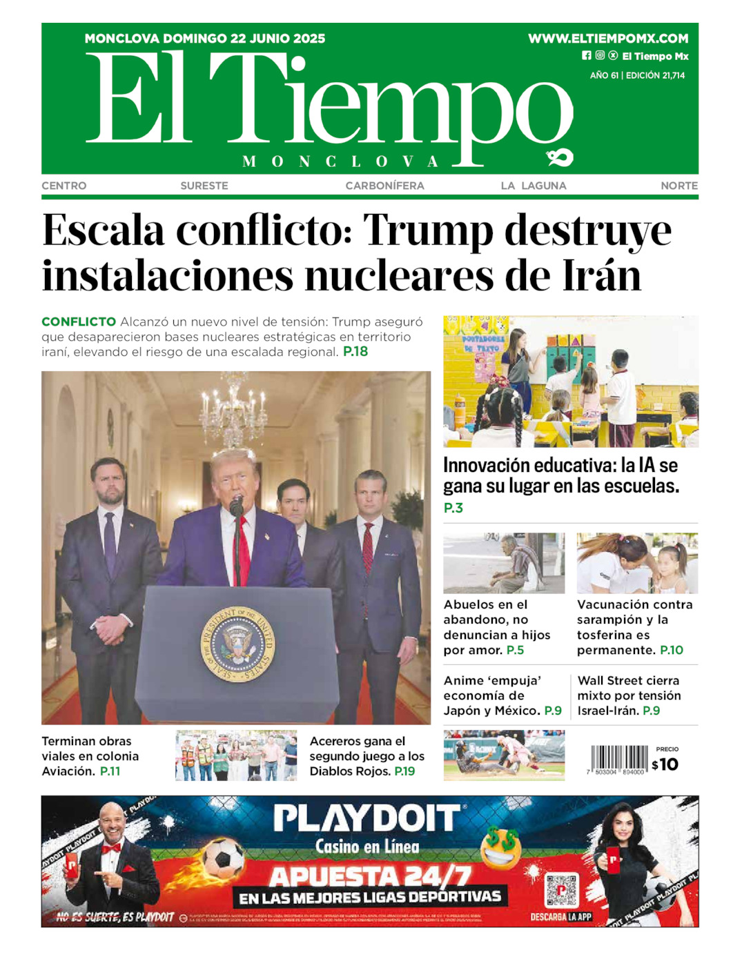 Edición impresa: Portada del domingo 22 de junio de 2025, El Tiempo de <strong>Monclova</strong>
