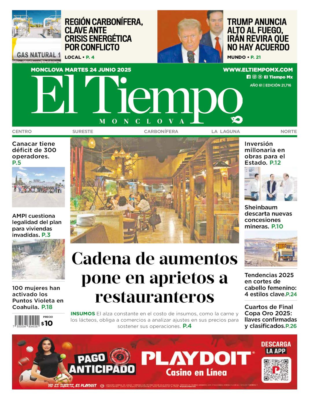 Edición impresa: Portada del martes 24 de junio de 2025, El Tiempo de <strong>Monclova</strong>