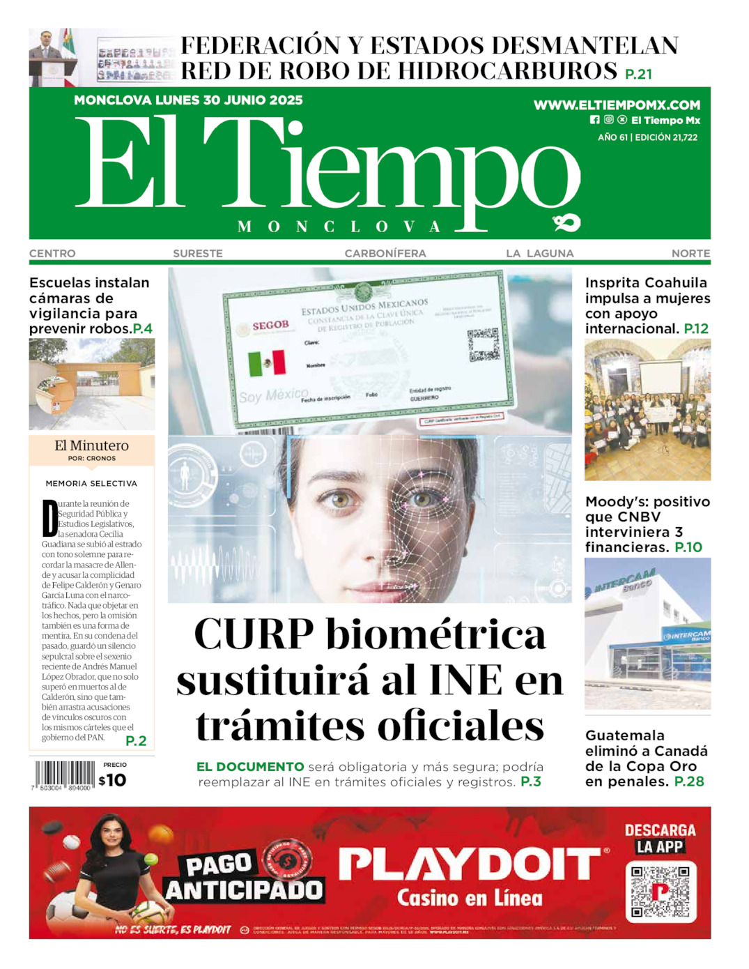 Edición impresa: Portada del lunes 30 de junio de 2025, El Tiempo de <strong>Monclova</strong>
