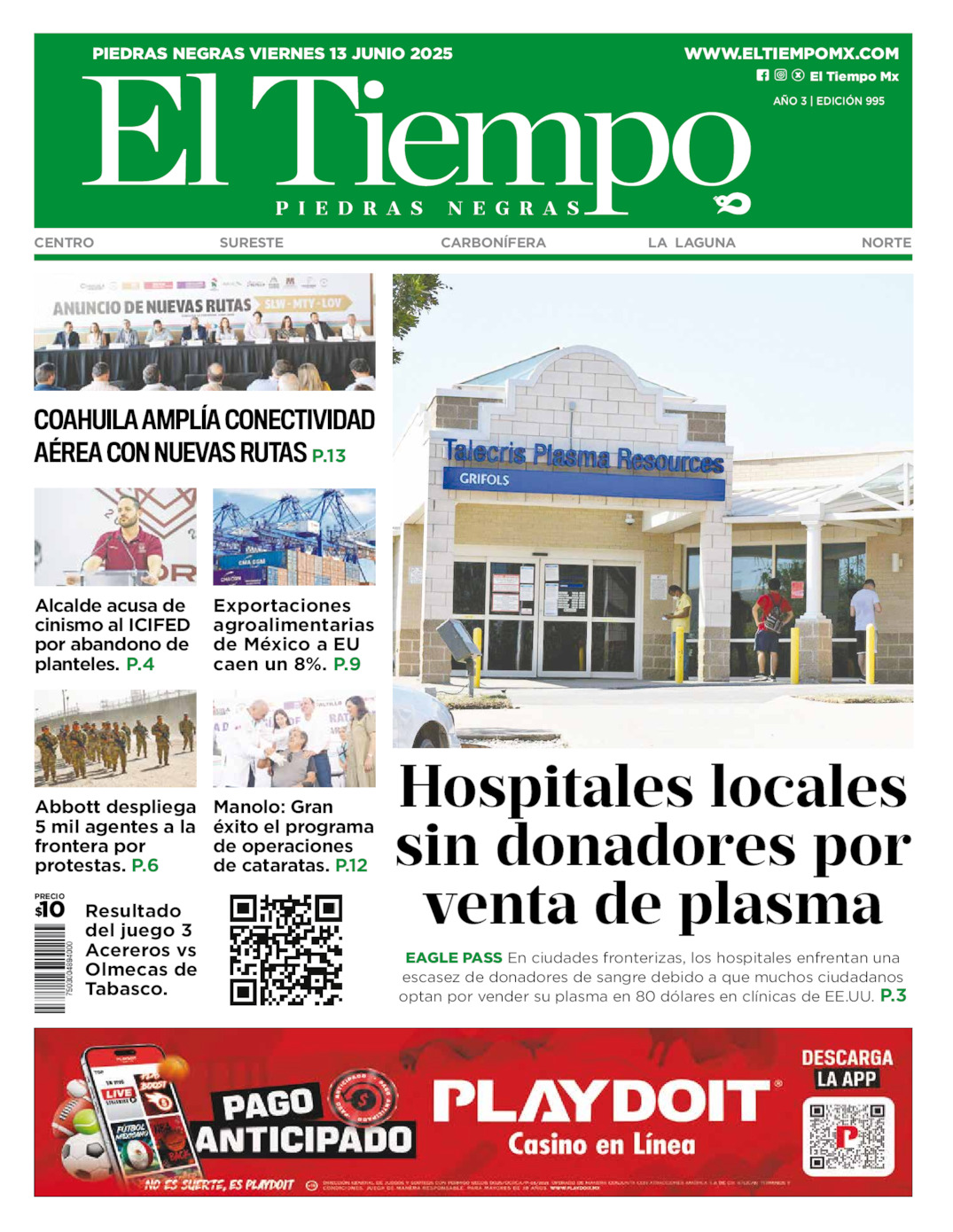 Edición impresa: Portada del viernes 13 de junio de 2025, El Tiempo de <strong>Piedras Negras</strong>