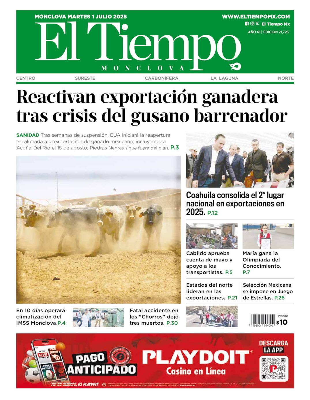Edición impresa: Portada del martes 01 de julio de 2025, El Tiempo de <strong>Monclova</strong>