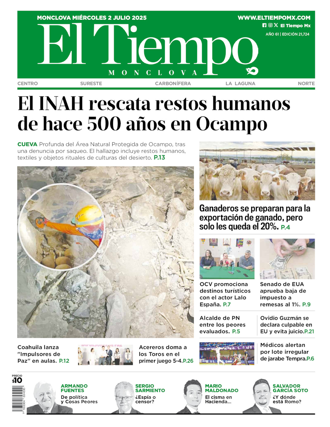 Edición impresa: Portada del miércoles 02 de julio de 2025, El Tiempo de <strong>Monclova</strong>