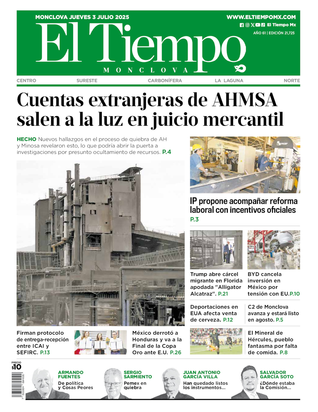 Edición impresa: Portada del jueves 03 de julio de 2025, El Tiempo de <strong>Monclova</strong>