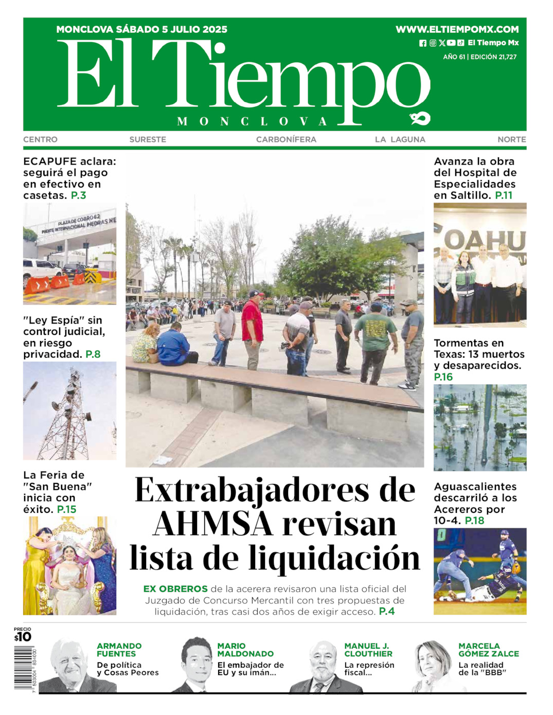 Edición impresa: Portada del sábado 05 de julio de 2025, El Tiempo de <strong>Monclova</strong>