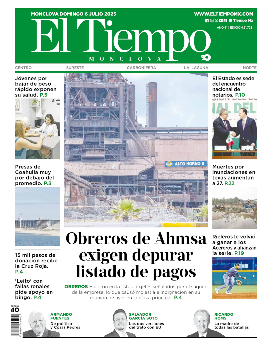 Edición impresa: Portada del domingo 06 de julio de 2025, El Tiempo de <strong>Monclova</strong>
