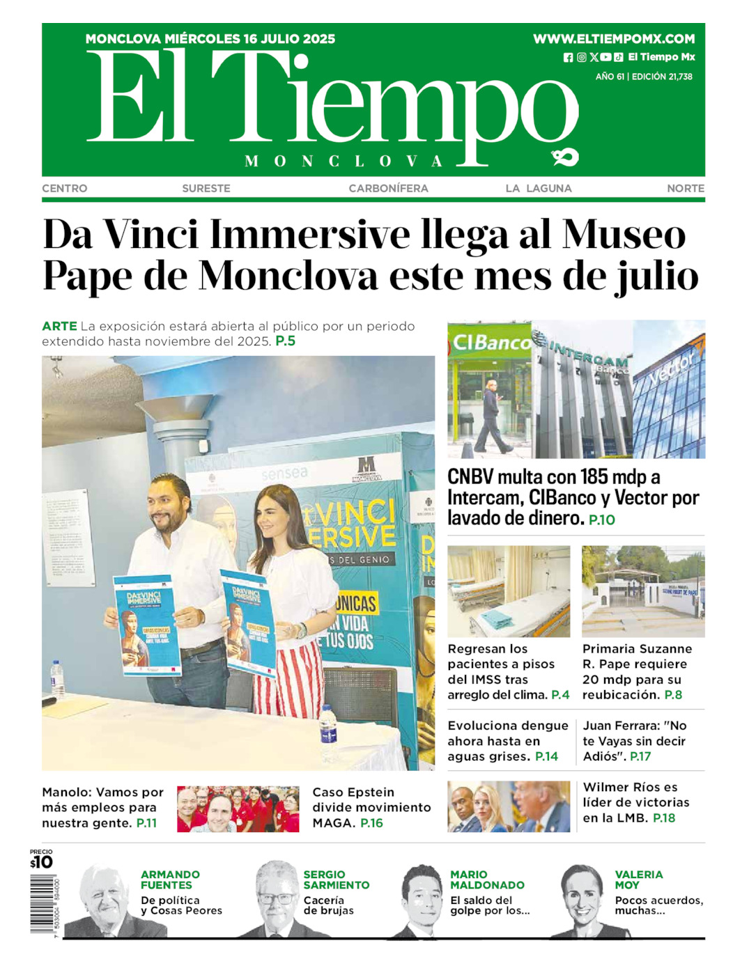 Edición impresa: Portada del miércoles 16 de julio de 2025, El Tiempo de <strong>Monclova</strong>