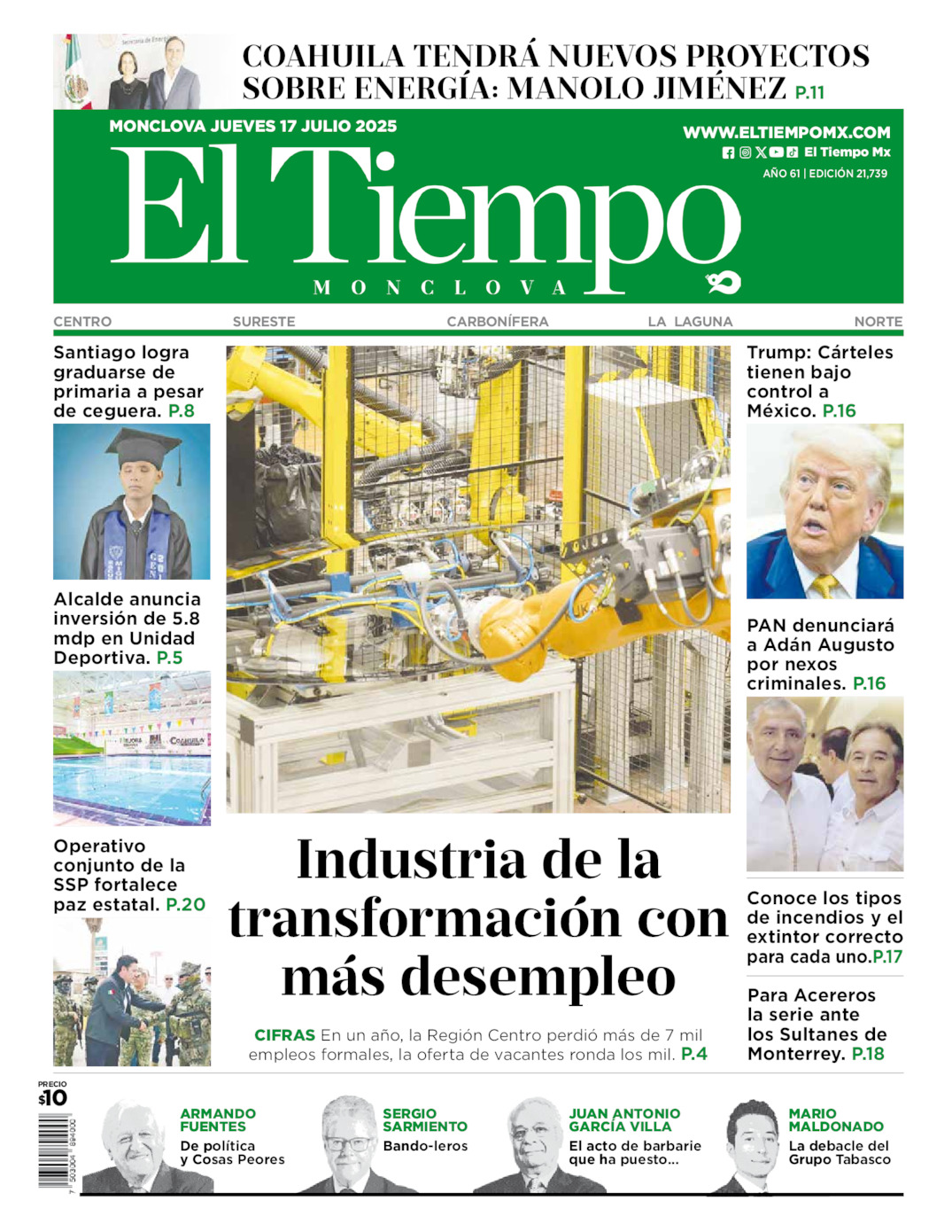 Edición impresa: Portada del jueves 17 de julio de 2025, El Tiempo de <strong>Monclova</strong>