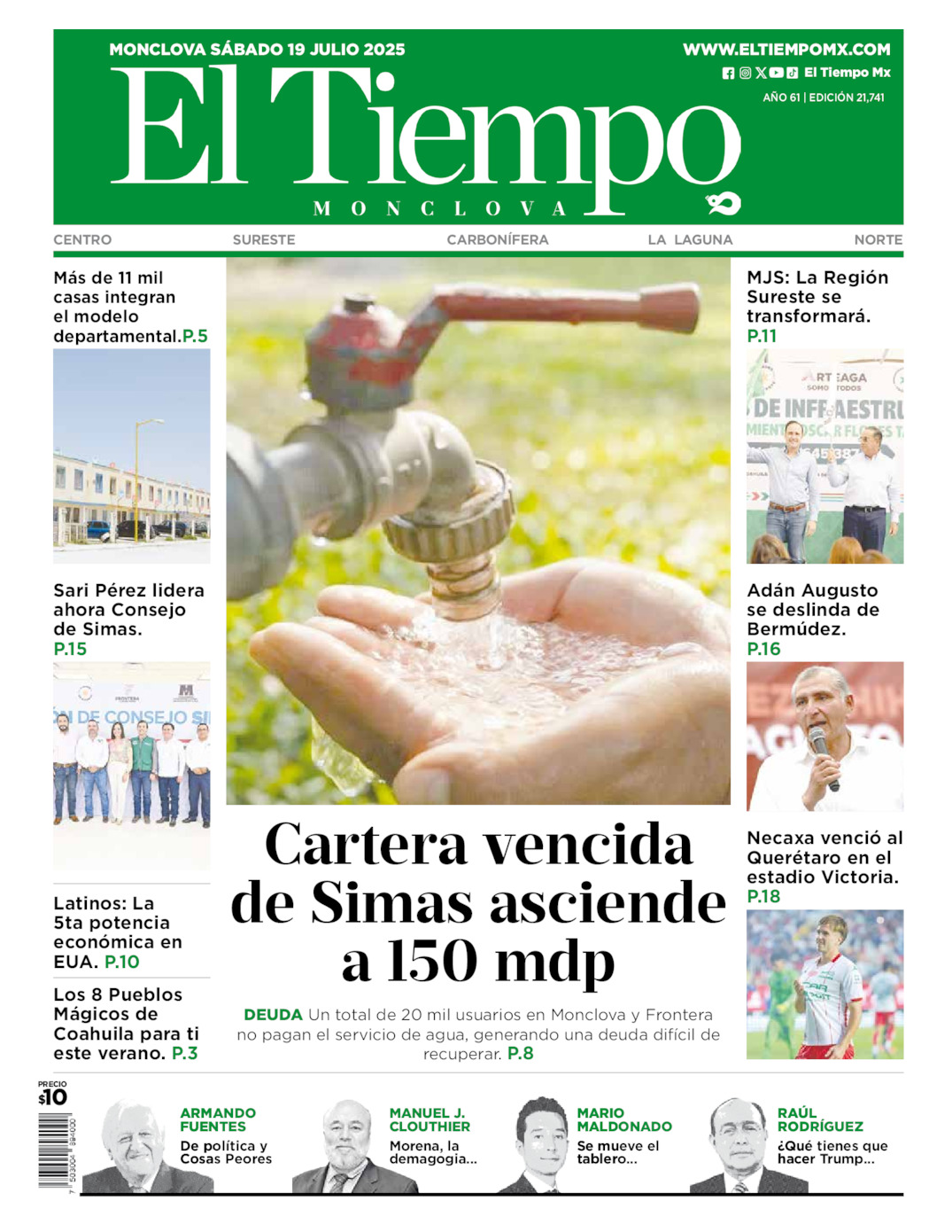 Edición impresa: Portada del sábado 19 de julio de 2025, El Tiempo de <strong>Monclova</strong>