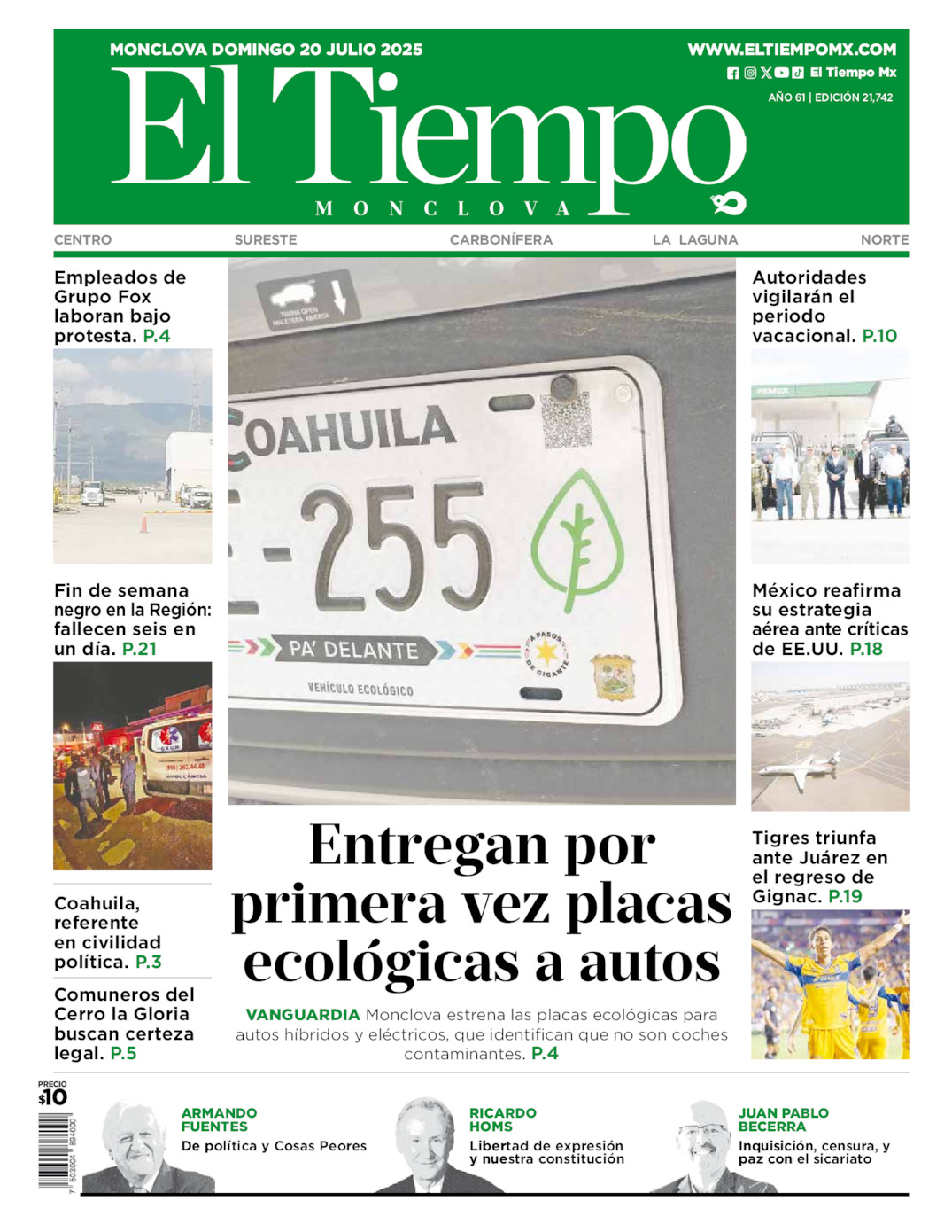Edición impresa: Portada del domingo 20 de julio de 2025, El Tiempo de <strong>Monclova</strong>