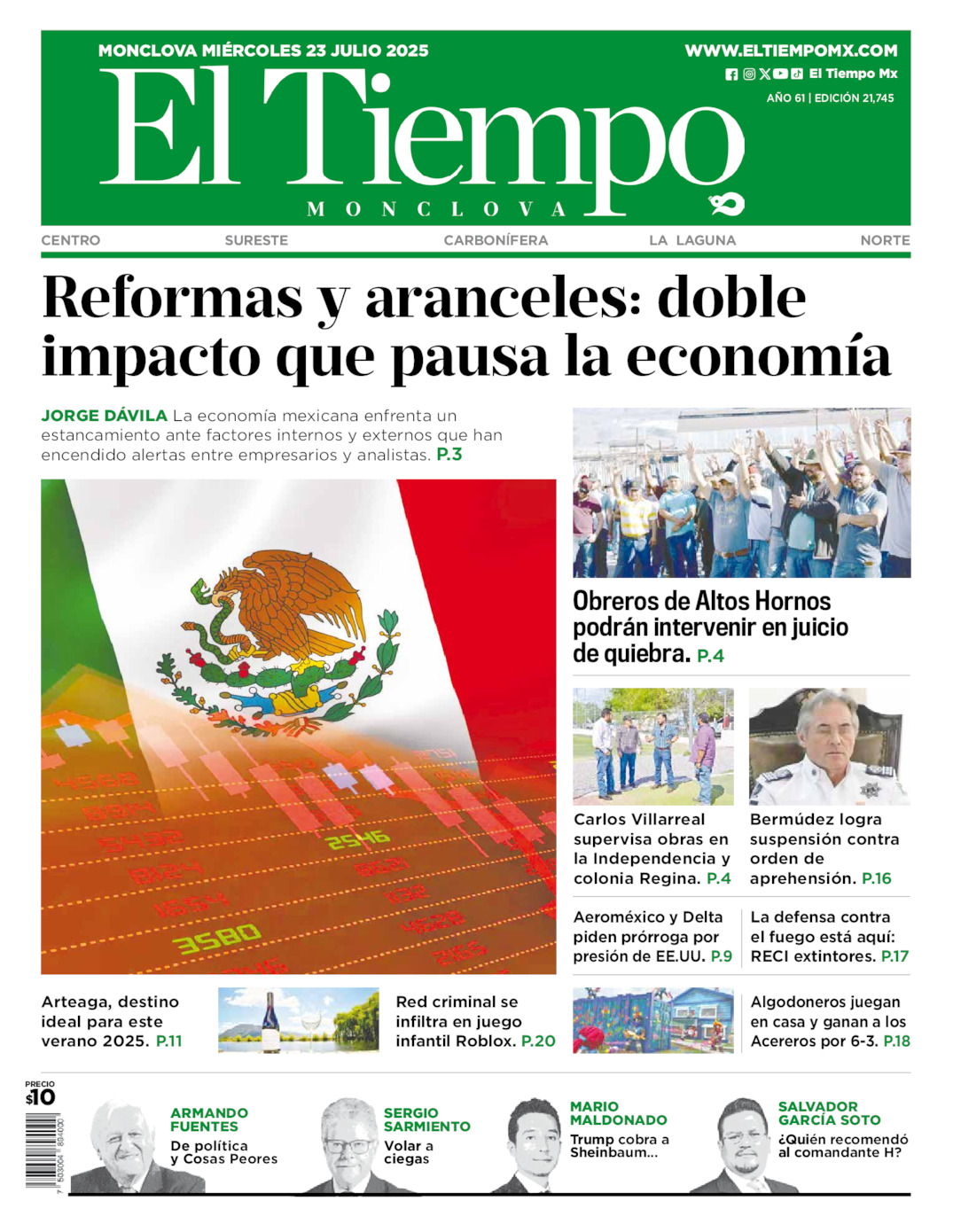 Edición impresa: Portada del miércoles 23 de julio de 2025, El Tiempo de <strong>Monclova</strong>