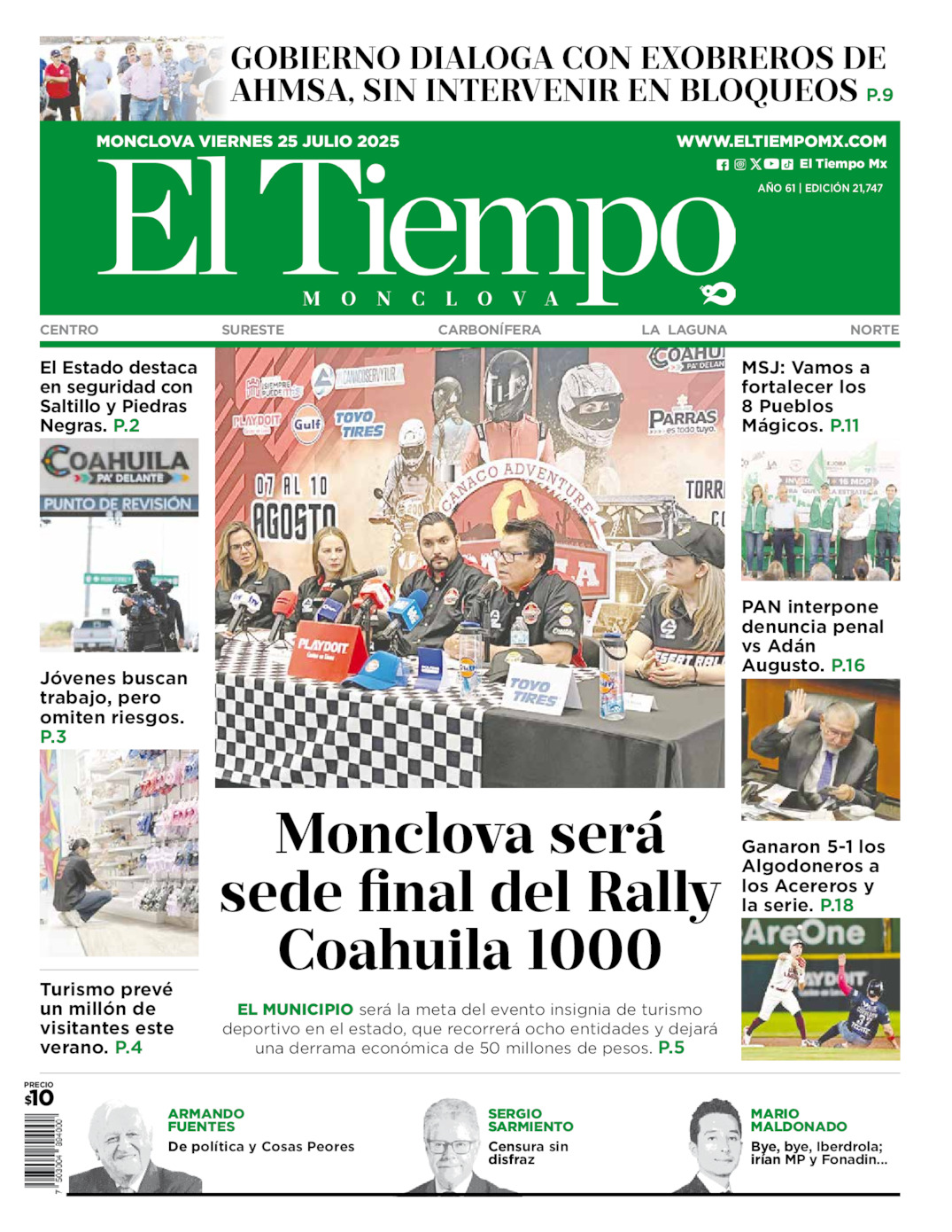 Edición impresa: Portada del viernes 25 de julio de 2025, El Tiempo de <strong>Monclova</strong>