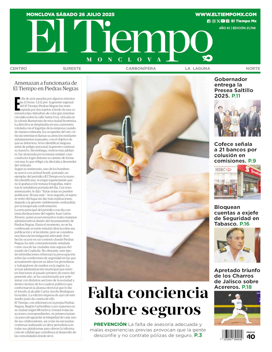 Edición impresa: Portada del sábado 26 de julio de 2025, El Tiempo de <strong>Monclova</strong>